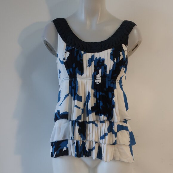 Womens Tory Burch 100% Silk Blue, Black, White Design Pleat Front Tank Blouse 4 - Picture 4 of 7